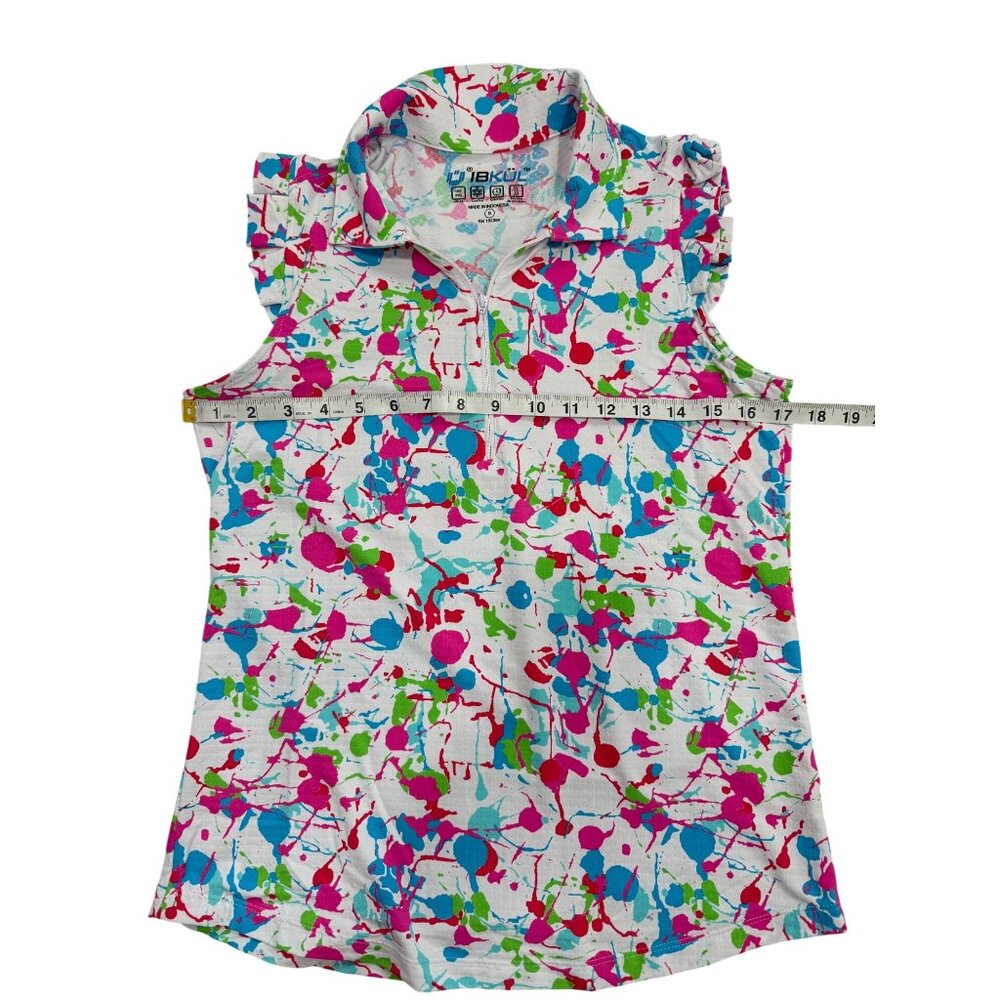 IBKUL Womens Size S Top  1/4 Zip Ruffle-Cap-Sleeve Pink Blue White Splatter UPF - Picture 5 of 8